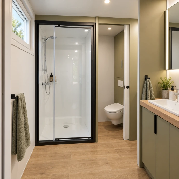 Privates Badezimmer am Premium-Stellplatz mit Dusche, WC und Waschbecken